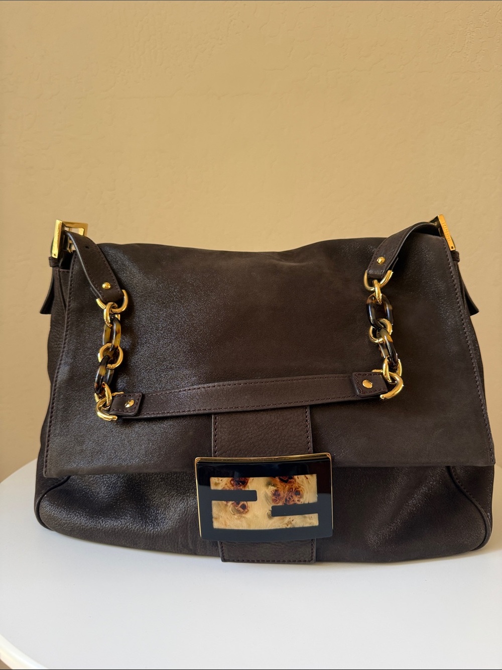 Fendi Big Mama Forever Brown Shimmer Leather Shoulder Bag Gold Chain Accents